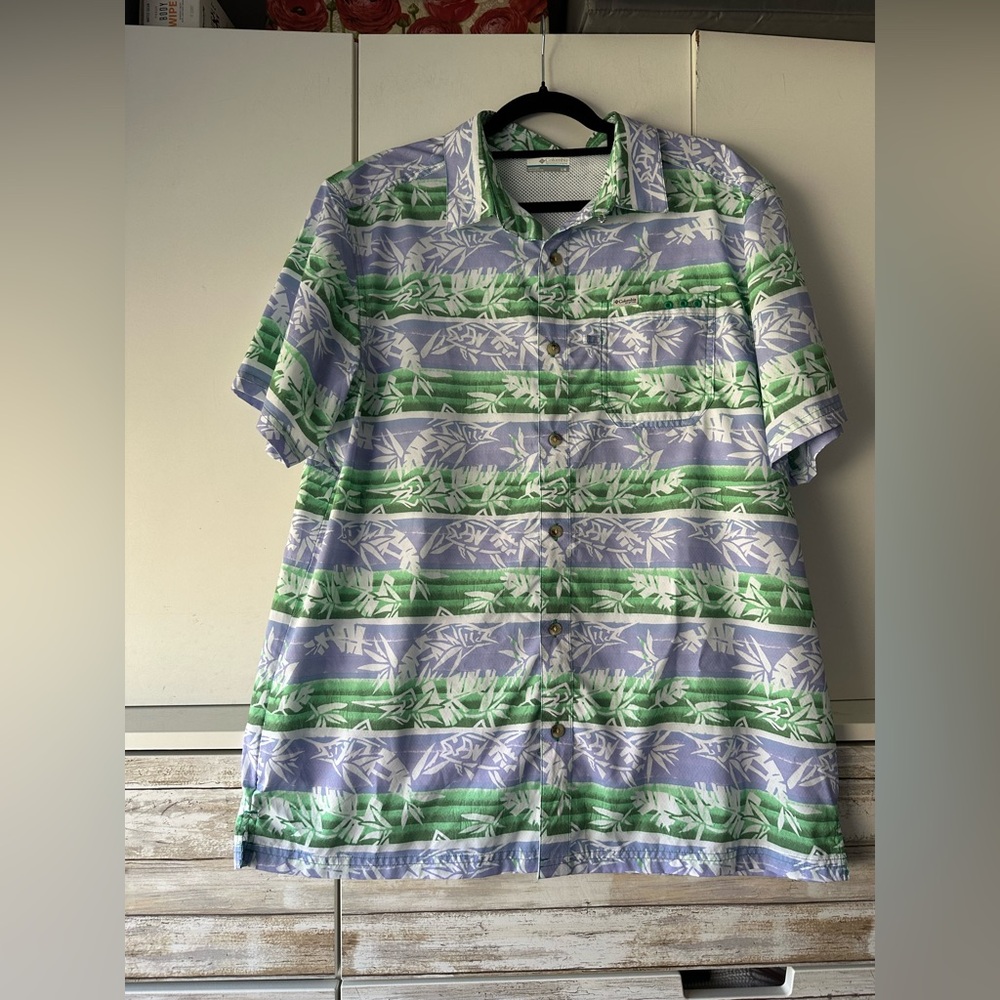 🌴 Columbia PFG Fishing Shirt Button Down Green Purple Men’s L